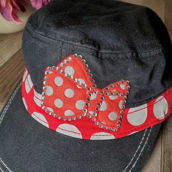 Minnie Mouse Hat Disney Parks Cap Cadet Red Polka Dot Bow Black Cotton Strapback - Picture 5 of 14